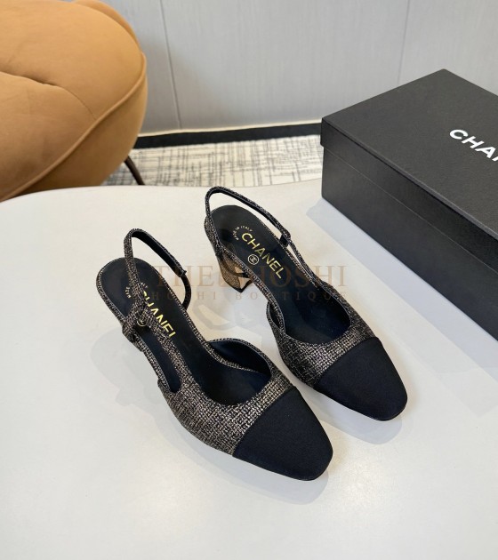 Ch**el Slingback Heels Lambskin & Calfskin Heel 6.5cm