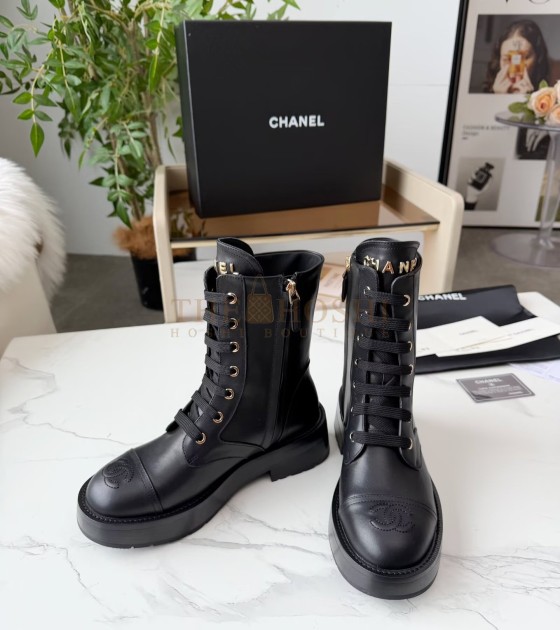 Ch**el Lace-Up Flats Leather Upper  Size 35-42 Black Master Quality