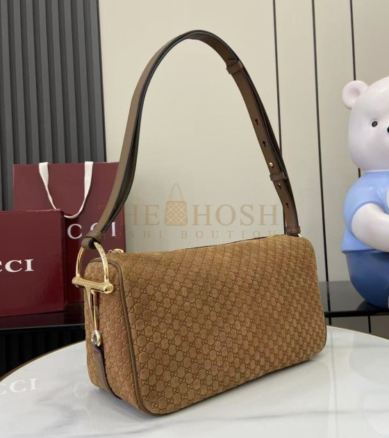 Gvc*1 Half Horsebit Shoulder Bag Brown GG Embossed Suede Brown 31.5×17×12cm