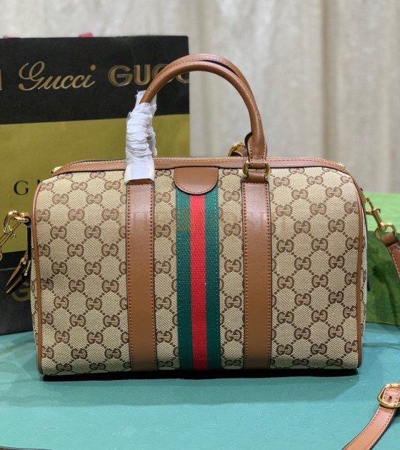 Gvc*1 Ophidia Pillow Bag 30x16x20cm Canvas Red/Green Web Leather Trim Master Quality