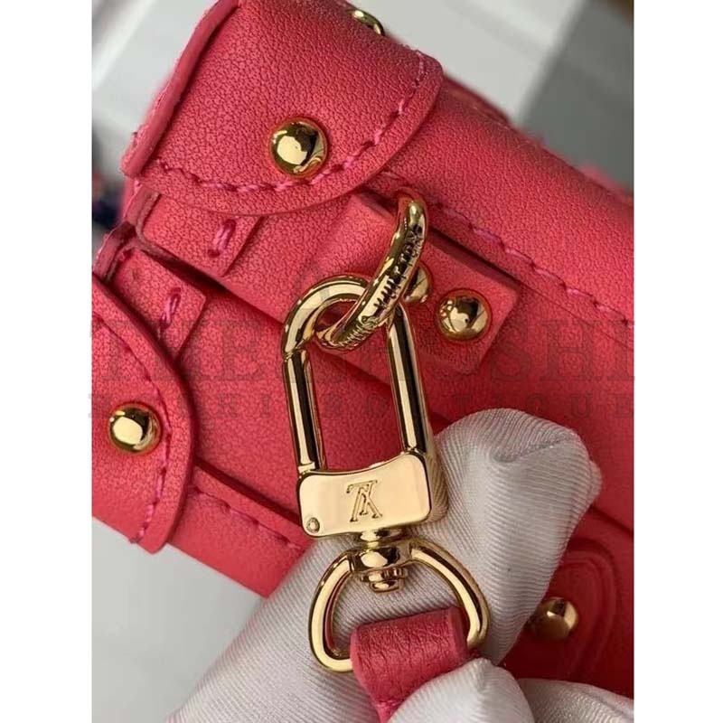 L0vis Vvtt0n LV Women Petite Malle Handbag Fluo Pink Tufted Grained Calfskin Leather Master Quality