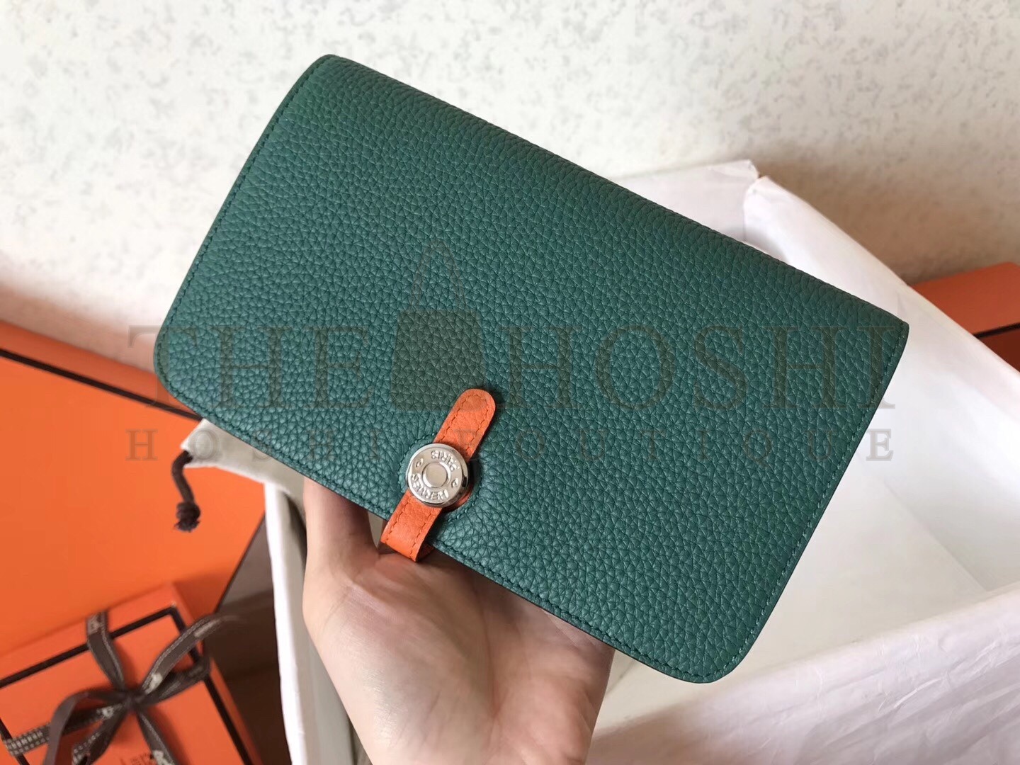 H**me5 Bicolor Dogon Duo Wallet In Malachite/Orange Leather Master Quality
