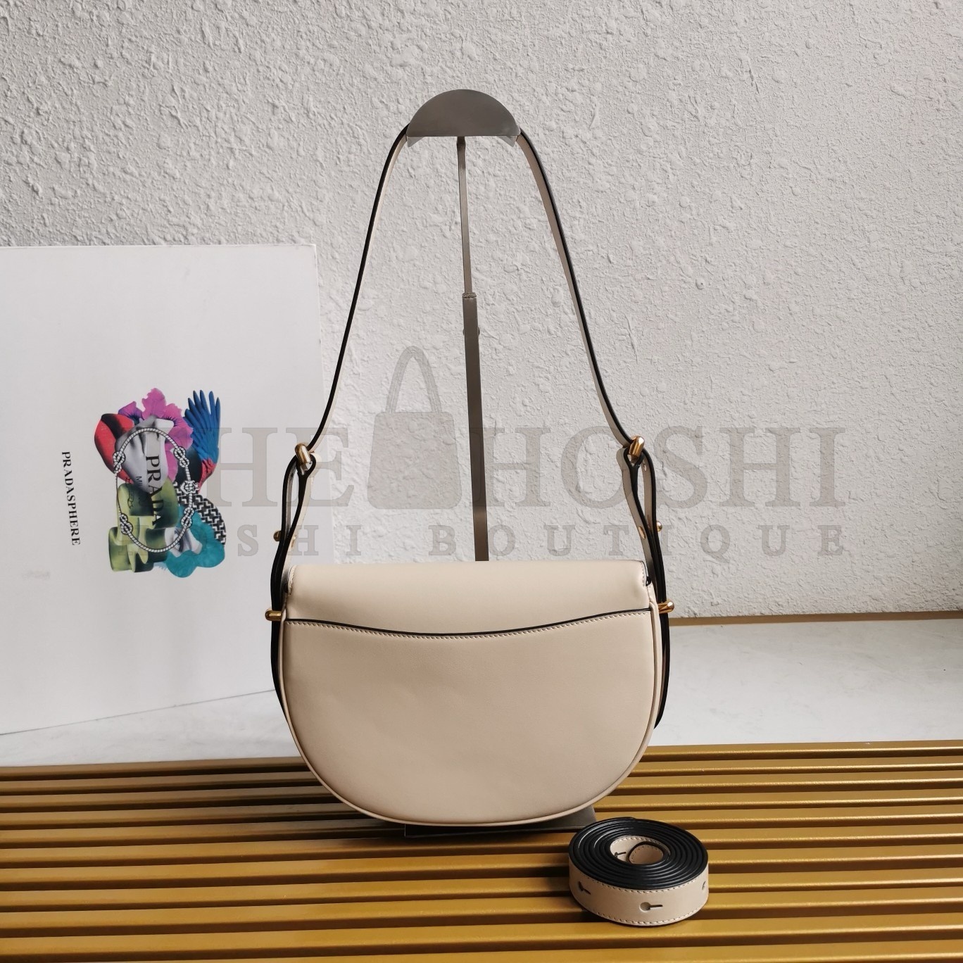 Pra*a Arque Shoulder Bag with Flap in Beige Leather Master Quality