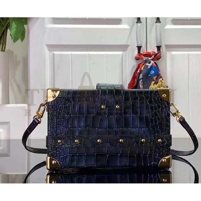 L0vis Vvtt0n LV Women Petite Malle Handbag Saphir Blue Brilliant Niloticus Leather Master Quality