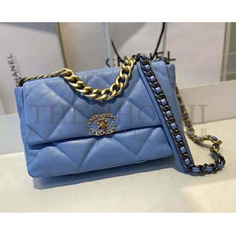 Ch**el Women Ch**el 19 Flap Bag Lambskin Gold Silver-Tone Ruthenium-Finish Metal Blue Master Quality
