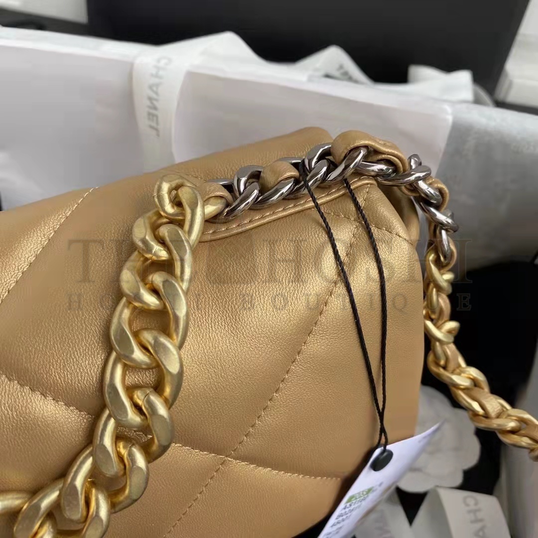 Ch**el CC Women 19 Handbag Metallic Lambskin Gold Silver Tone Gold Bag Master Quality