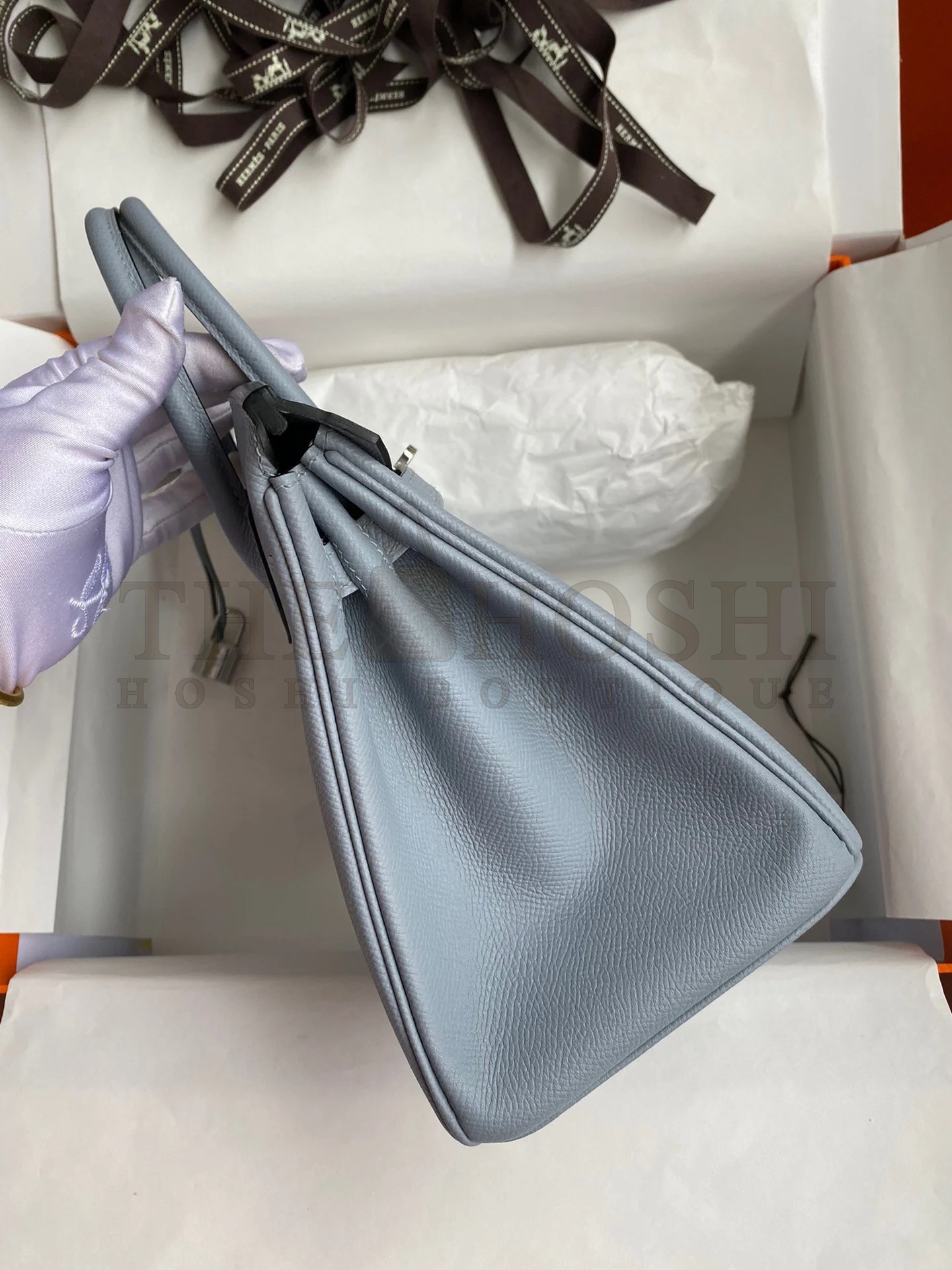 H**me5 Birkin 25 Retourne Handmade Bag In Blue Lin Epsom Calfskin Master Quality