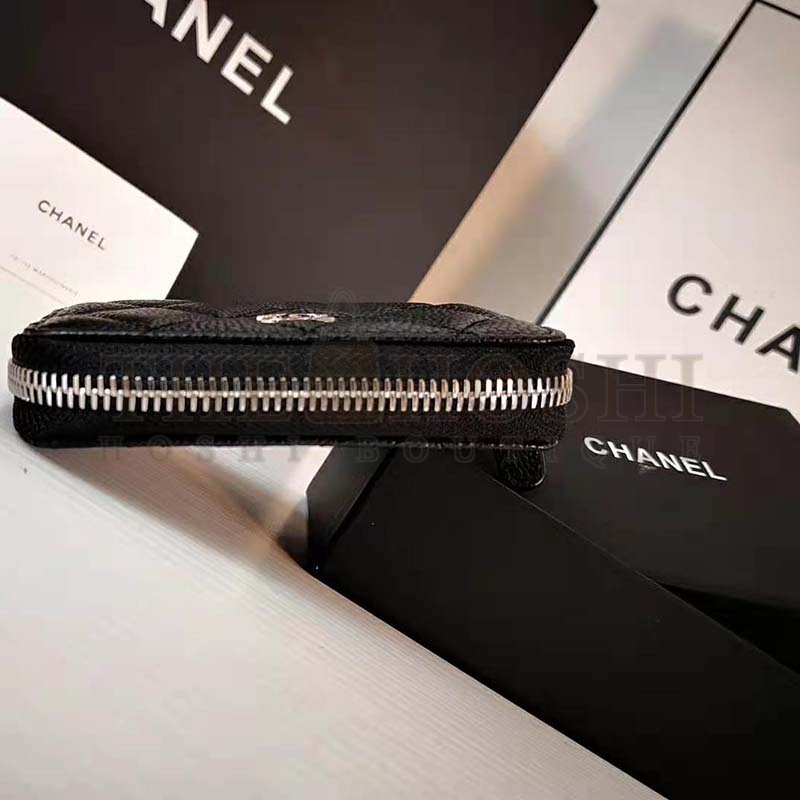 Ch**el Women Classic Zipped Coin Purse in Grained Calfskin & Silver-Tone Metal-Black Master Quality