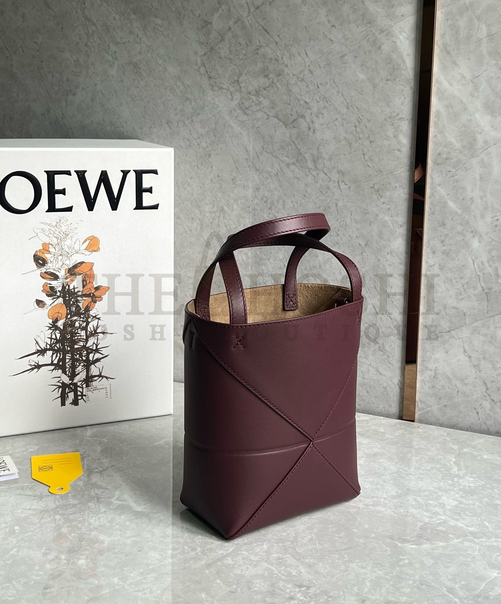 L0ew* Mini Puzzle Fold Tote Bag in Bordeaux Calfskin Master Quality