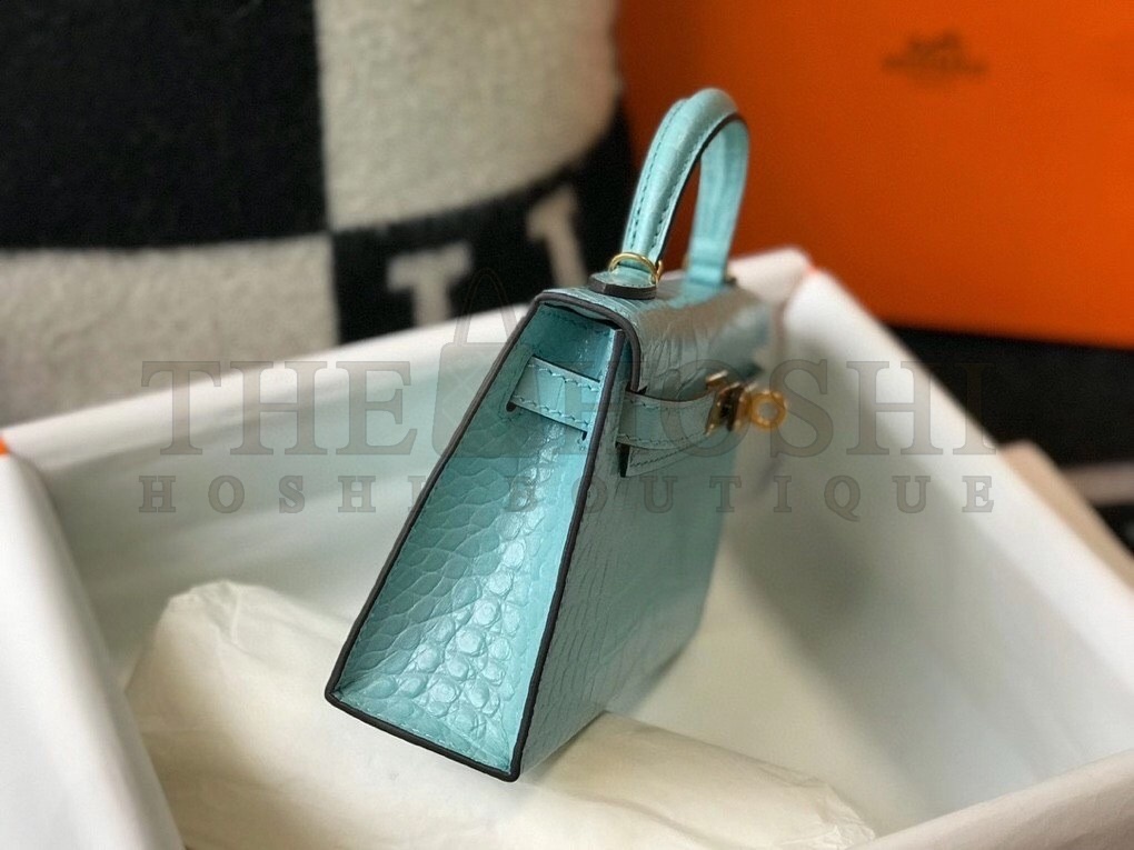 H**me5 Kelly Mini II Bag In Blue Atoll Embossed Crocodile Calfskin Master Quality