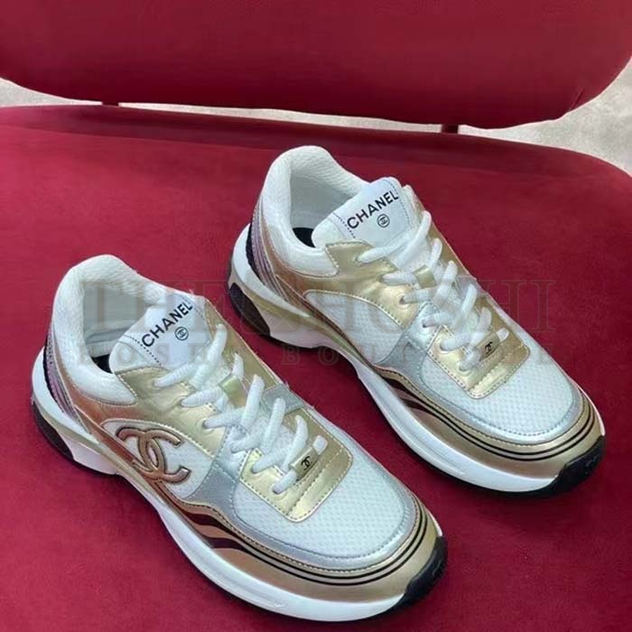 Ch**el trainer shoes Women CC Sneakers Fabric Laminated White Gold Silver Master Quality