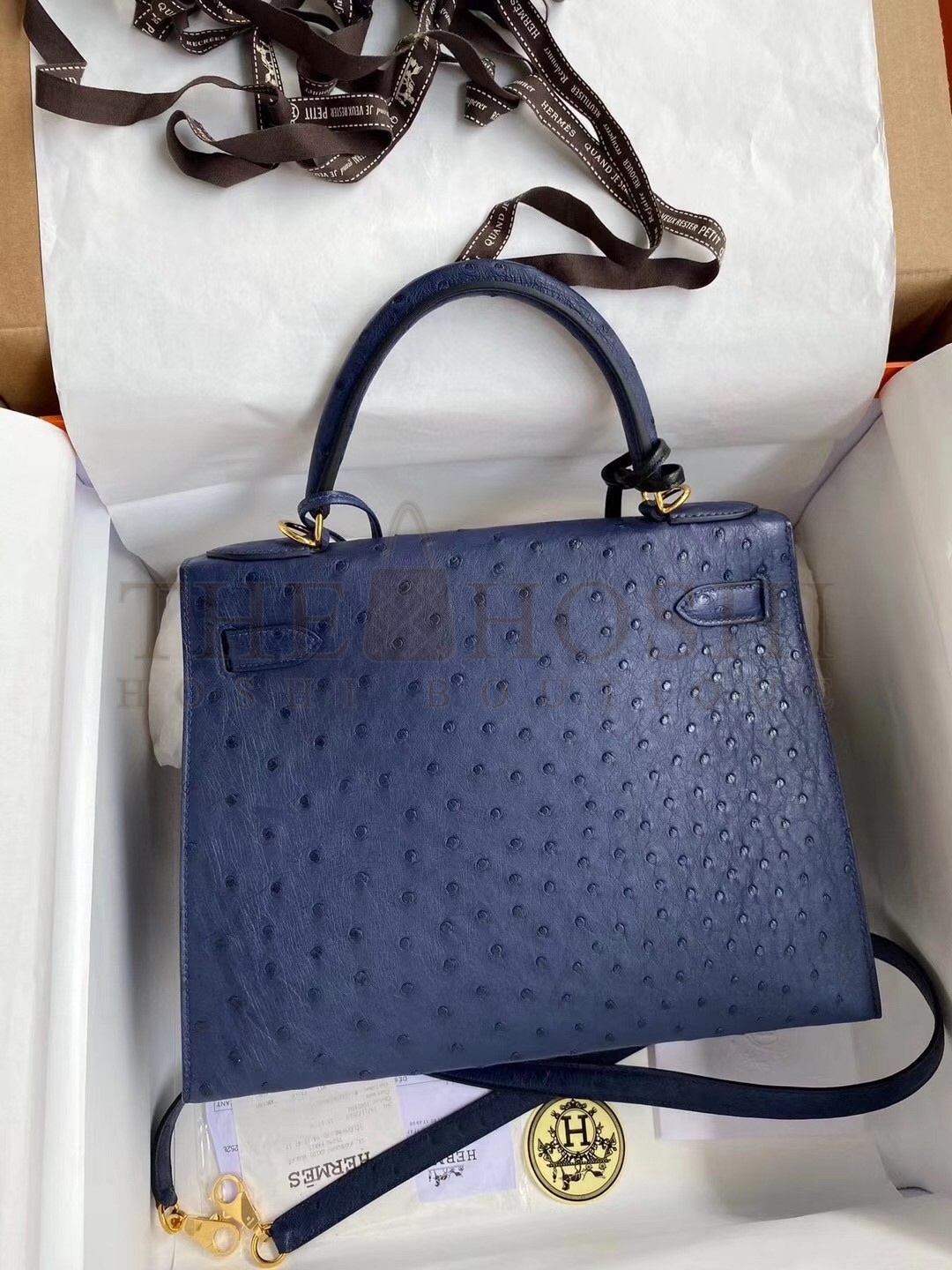 H**me5 Blue Iris Ostrich Kelly 28cm Handmade Bag Master Quality