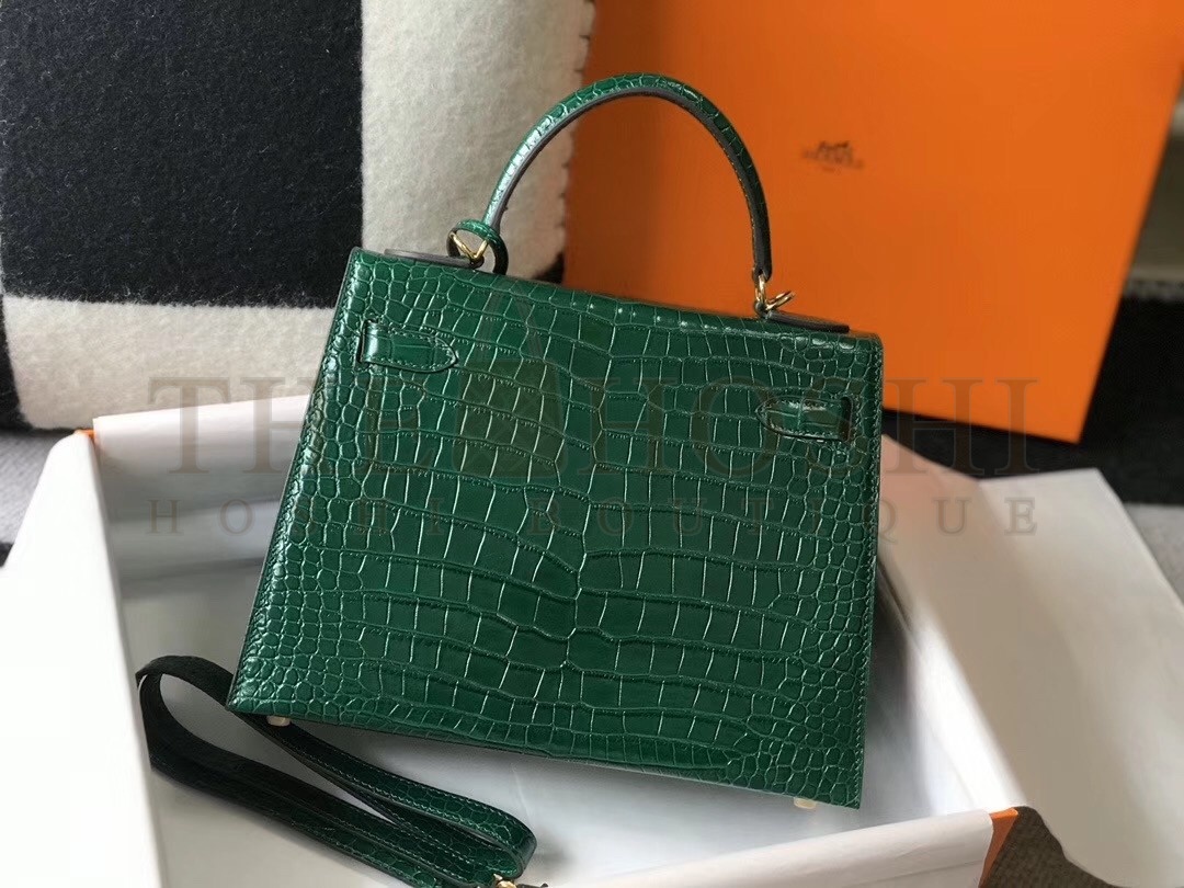 H**me5 Kelly 28cm Bag In Green Embossed Crocodile GHW Master Quality