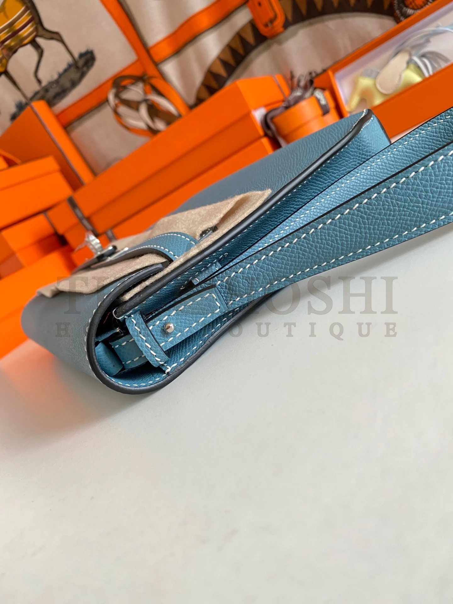 H**me5 Kelly Depeches 25 Pouch in Blue Jean Epsom Calfskin Master Quality