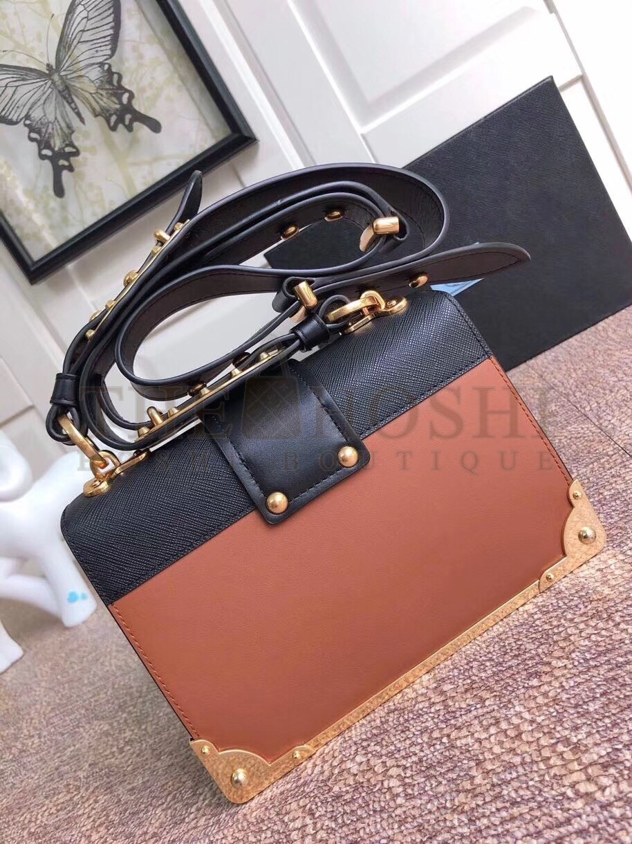 Pra*a Cahier Shoulder Bag In Brown/Black Leather Master Quality