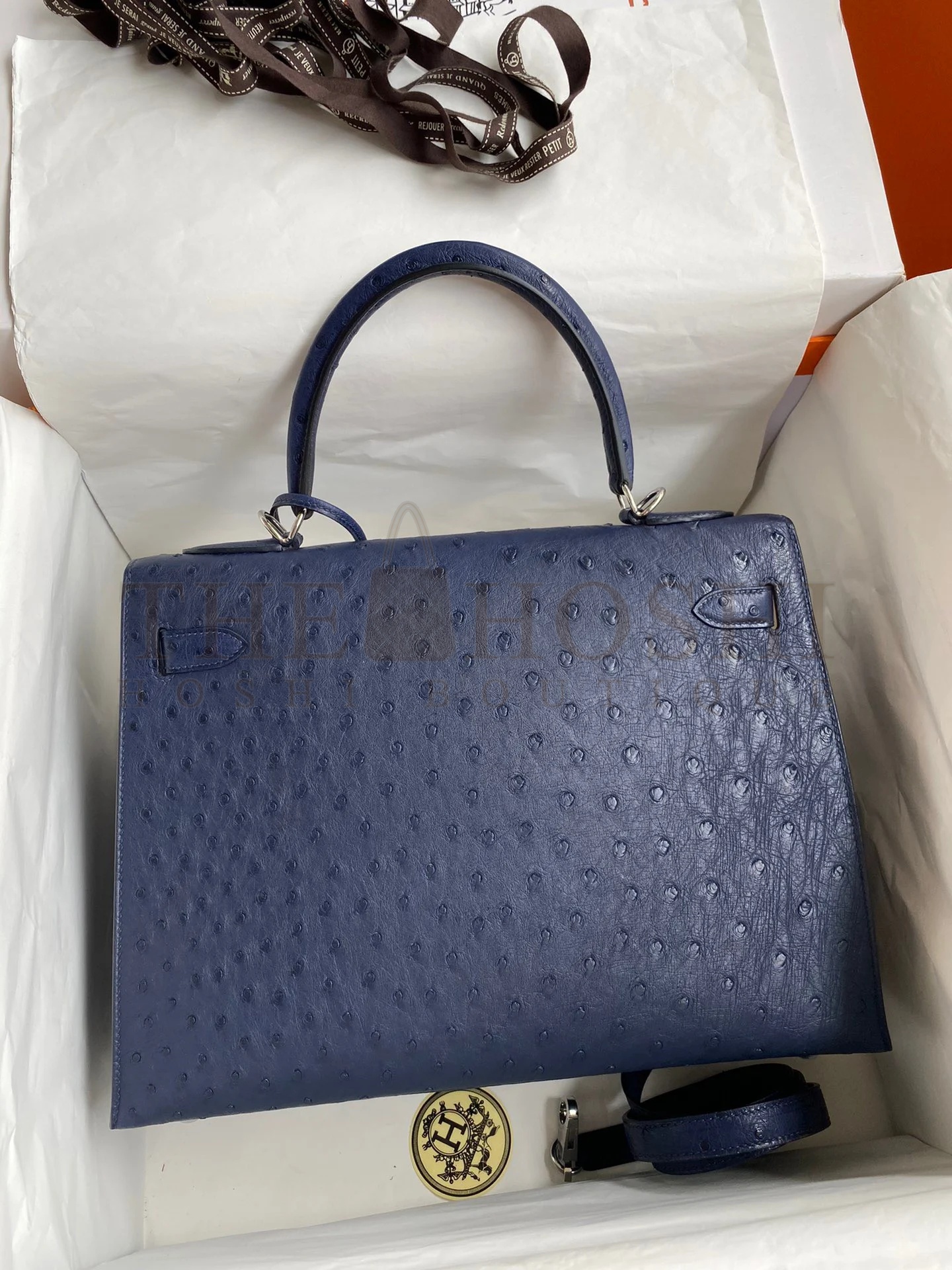 H**me5 Kelly Sellier 32 Handmade Bag In Blue Iris Ostrich Leather Master Quality