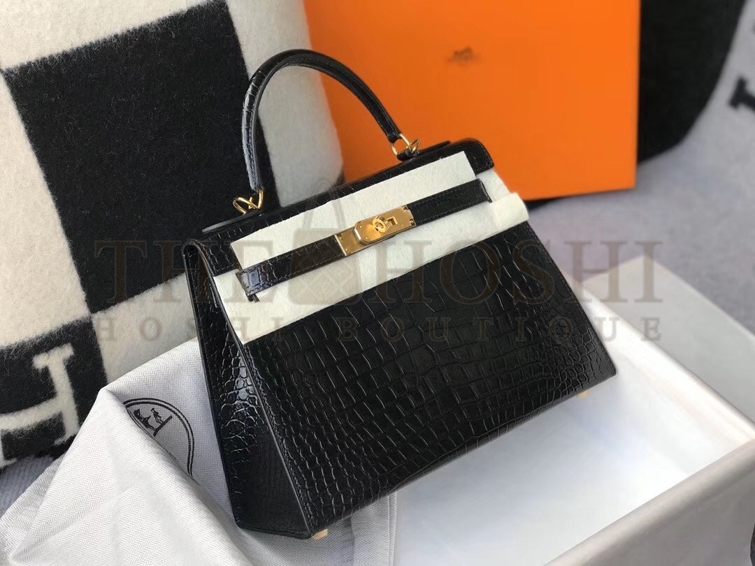 H**me5 Kelly 28cm Bag In Black Embossed Crocodile GHW Master Quality