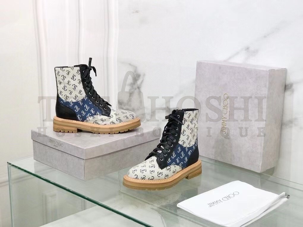 J1m*y Ch00 Cora Flat Combat Boots In Monogram Jacquard Master Quality