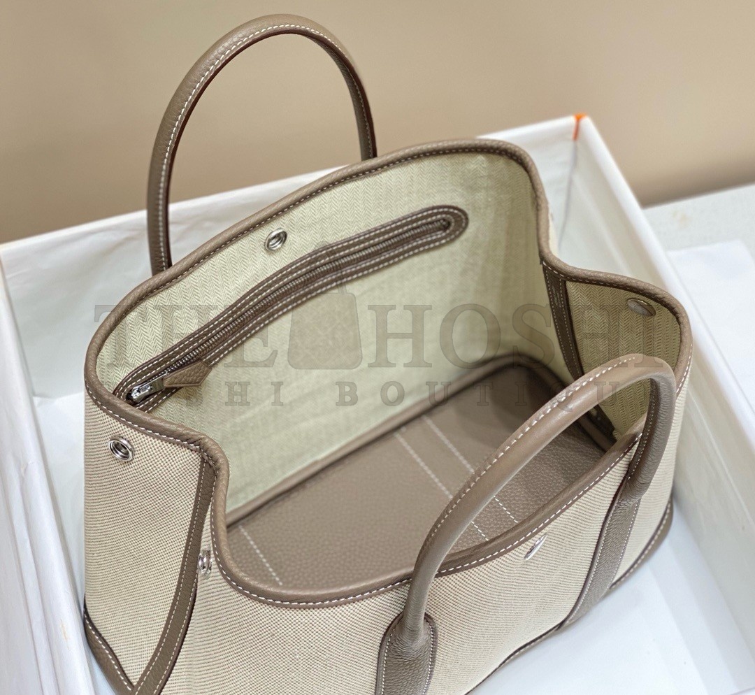 H**me5 Garden Party 30cm Bag in Toile and Taupe Leather Master Quality