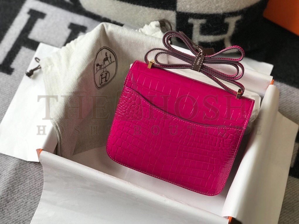 H**me5 Constance 18cm Bag In Rose Red Embossed Crocodile Master Quality