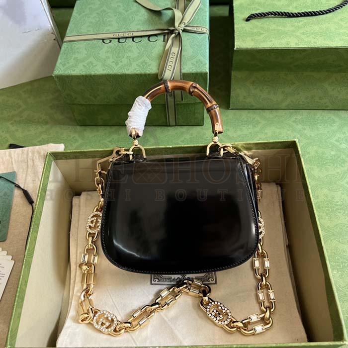Gvc*1 Women Bamboo 1947 Mini Top Handle Bag Black Patent Leather Master Quality