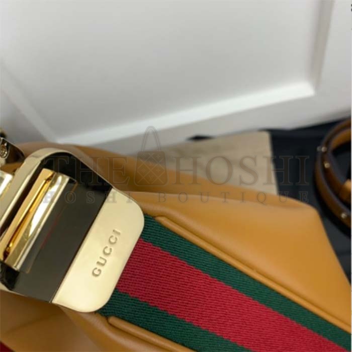 Gvc*1 Women Attache Large Shoulder Bag Dark Orange Leather Green Red Web Master Quality