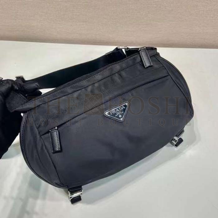Pra*a Unisex Re-Nylon Saffiano Leather Shoulder Bag Black Fabric Flap Closure Master Quality