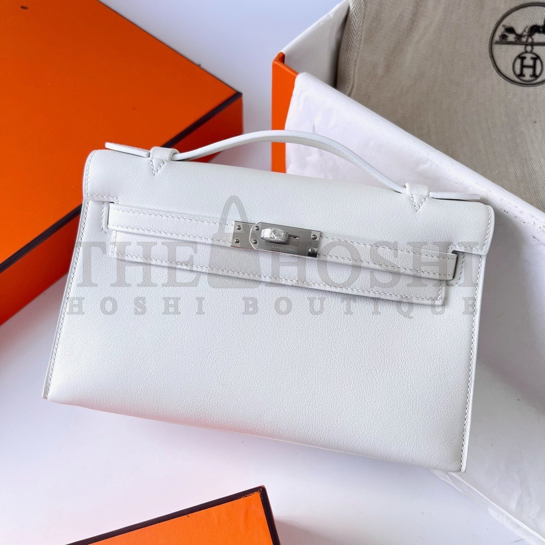 H**me5 Kelly Pochette Handmade Bag In White Swift Calfskin Master Quality