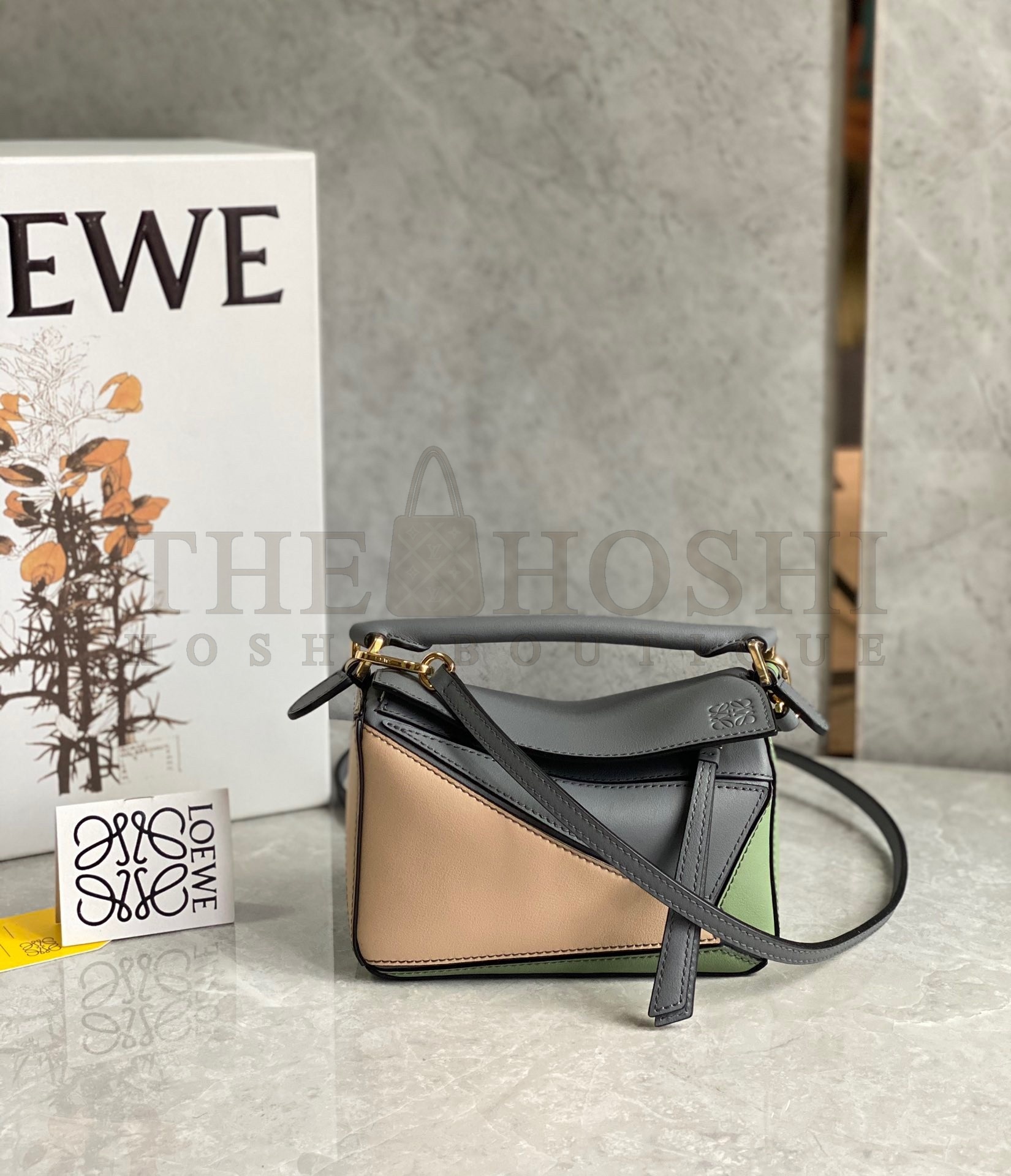 L0ew* Puzzle Mini Bag In Asphalt Grey/Nude/Green Calfskin Master Quality