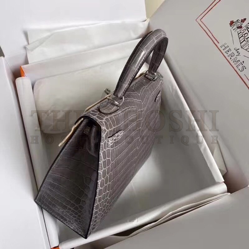 H**me5 Grey Kelly 25cm Shiny Niloticus Crocodile Skin Bag Master Quality