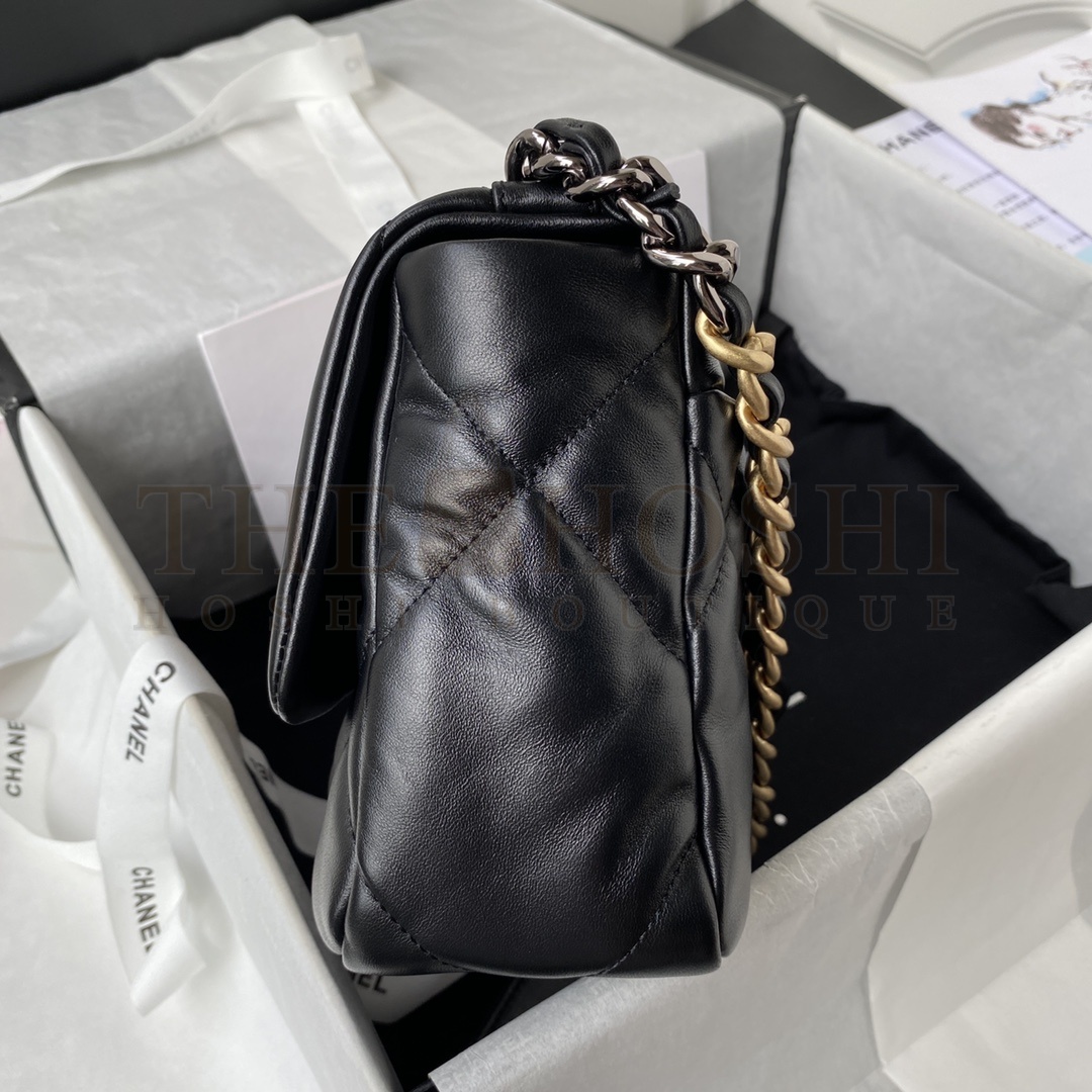Ch**el Women 19 Flap Bag Lambskin Gold Silver-Tone Ruthenium-Finish Metal Black Master Quality