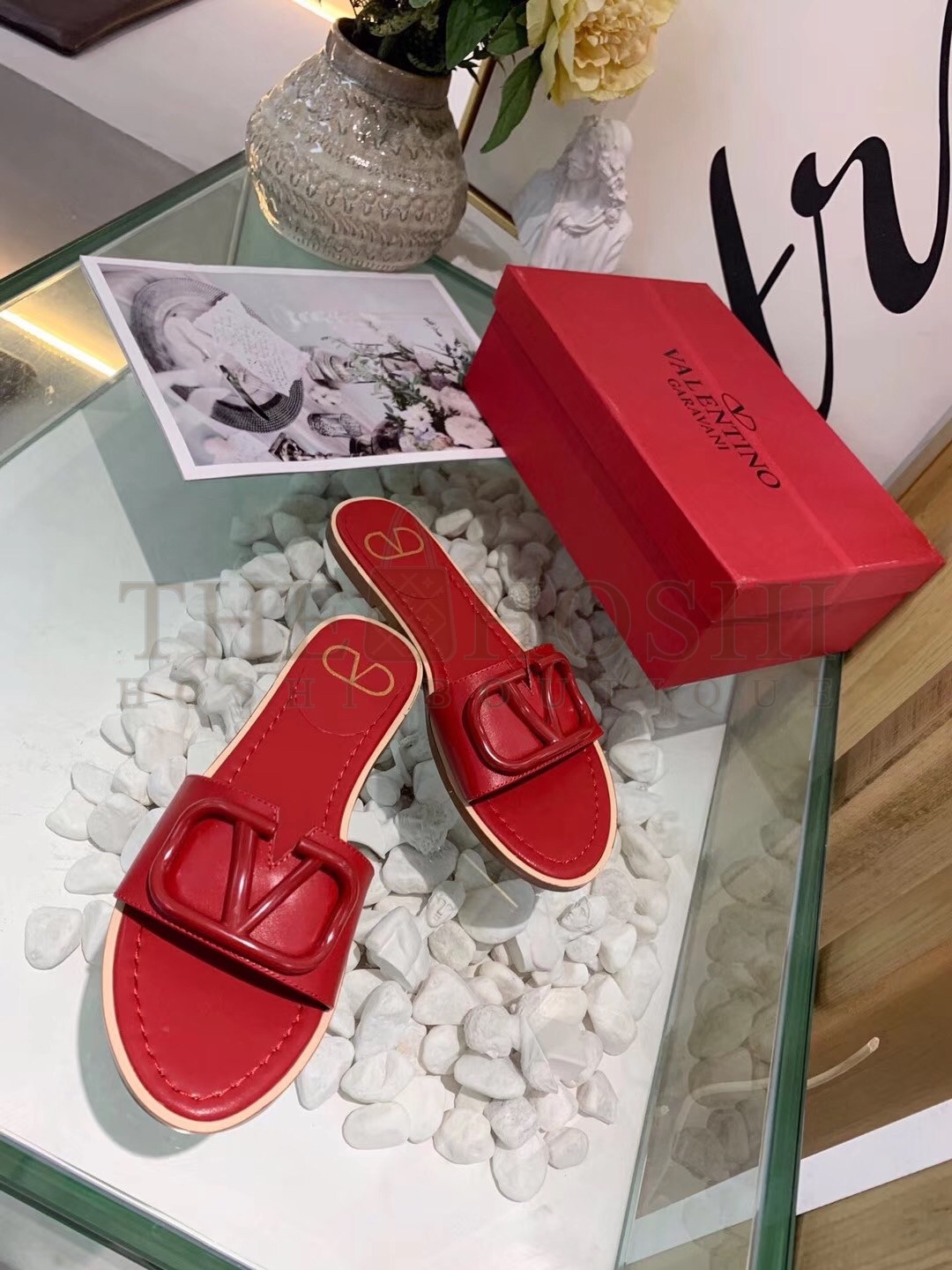 Va1e*ntin0 Vlogo Flat Slide Sandals In Red Calfskin Master Quality