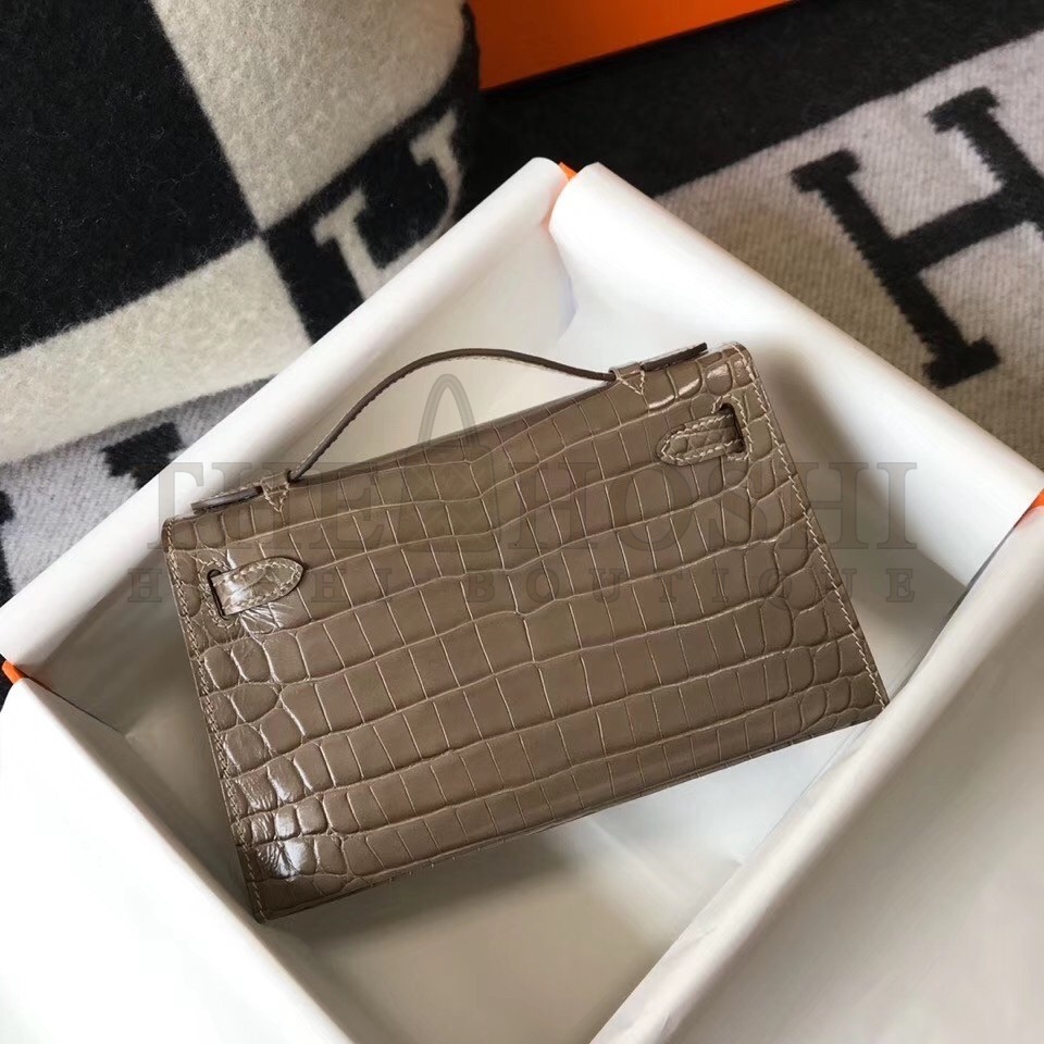 H**me5 Kelly Pochette Bag In Taupe Embossed Crocodile Leather Master Quality