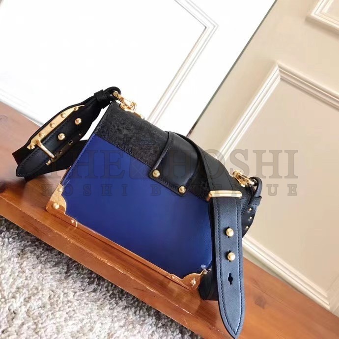 Pra*a Cahier Shoulder Bag In Blue/Black Leather Master Quality