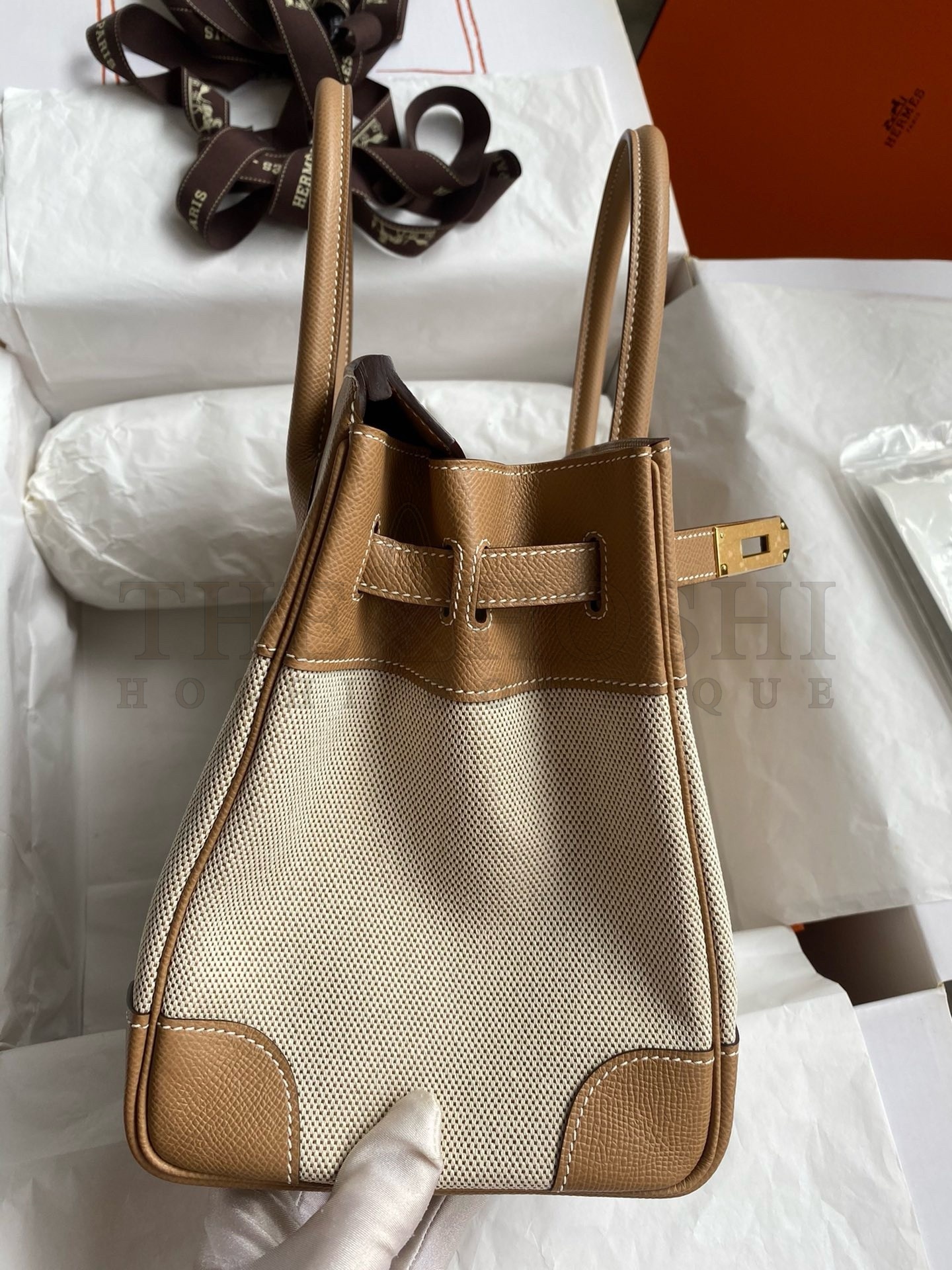 H**me5 Birkin 30 Handmade Bag In Toile &amp; Chai Epsom Leather Master Quality