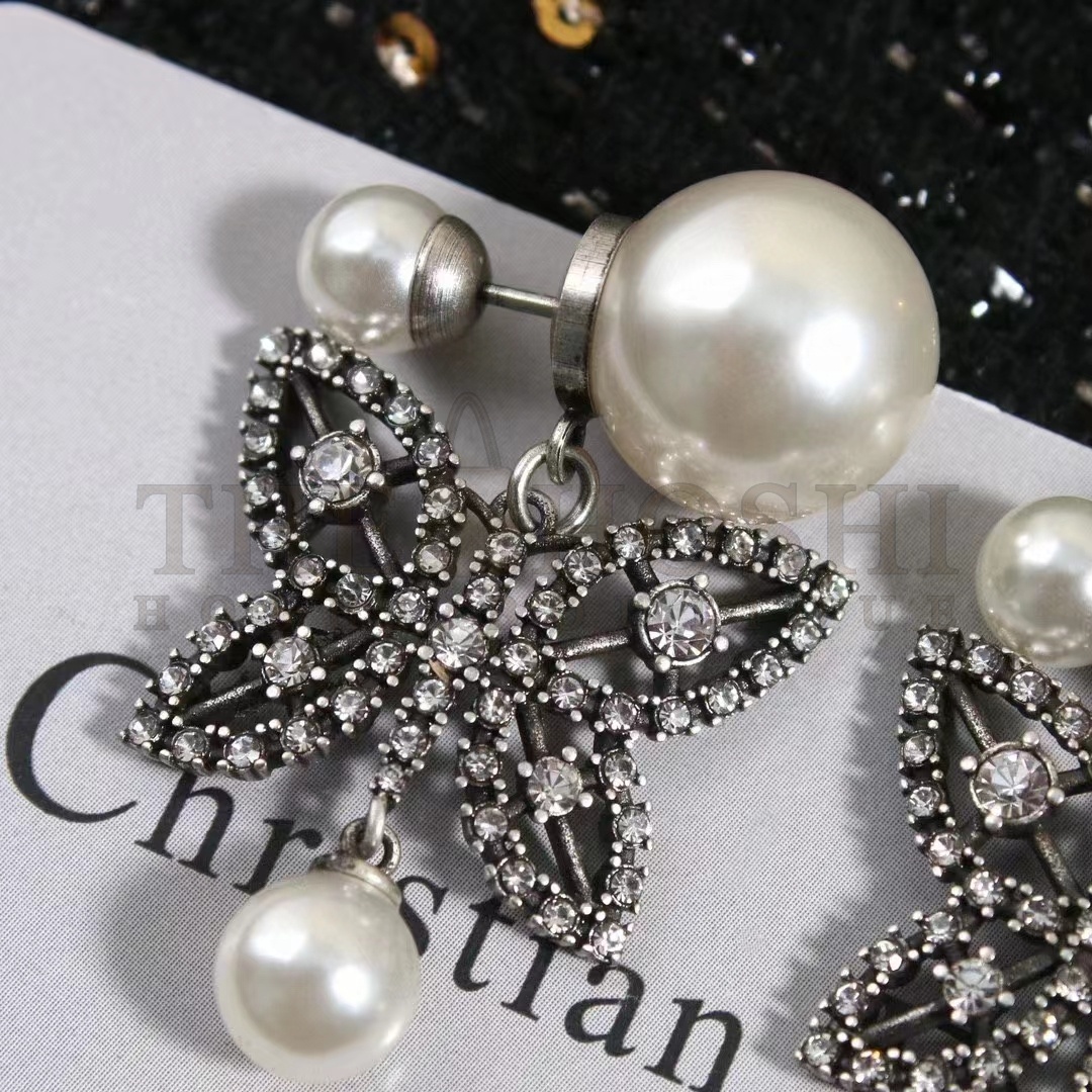 D10r Women CD Papillon De Nuit Earrings Antique Silver Metal Pearls Master Quality