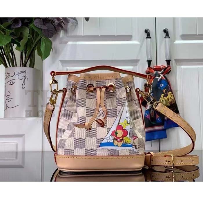 L0vis Vvtt0n LV Women Nano Noé Bucket Bag Dragon Fruit Pink Damier Azur Coated Canvas Master Quality