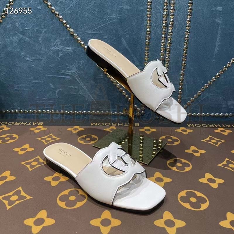 Gvc*1 Unisex Interlocking G Cut-Out Slide Sandals White Leather Flat 1 cm Heel Master Quality