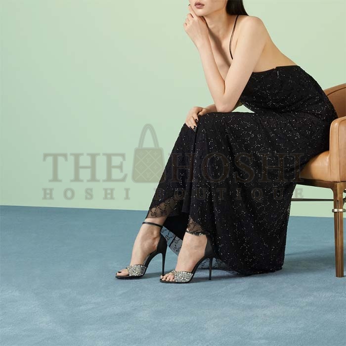 Gvc*1 Women G2 Mid-Heel Sandals Crystals Black Satin 11 CM Heel Double G Master Quality