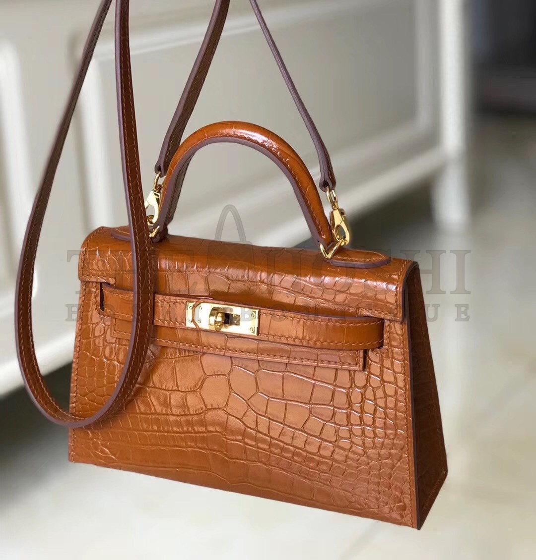 H**me5 Kelly Mini II Bag In Brown Crocodile Embossed Leather Master Quality
