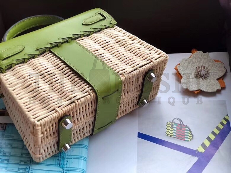 H**me5 Green Picnic Kelly Mini 20cm Wicker Bag Master Quality