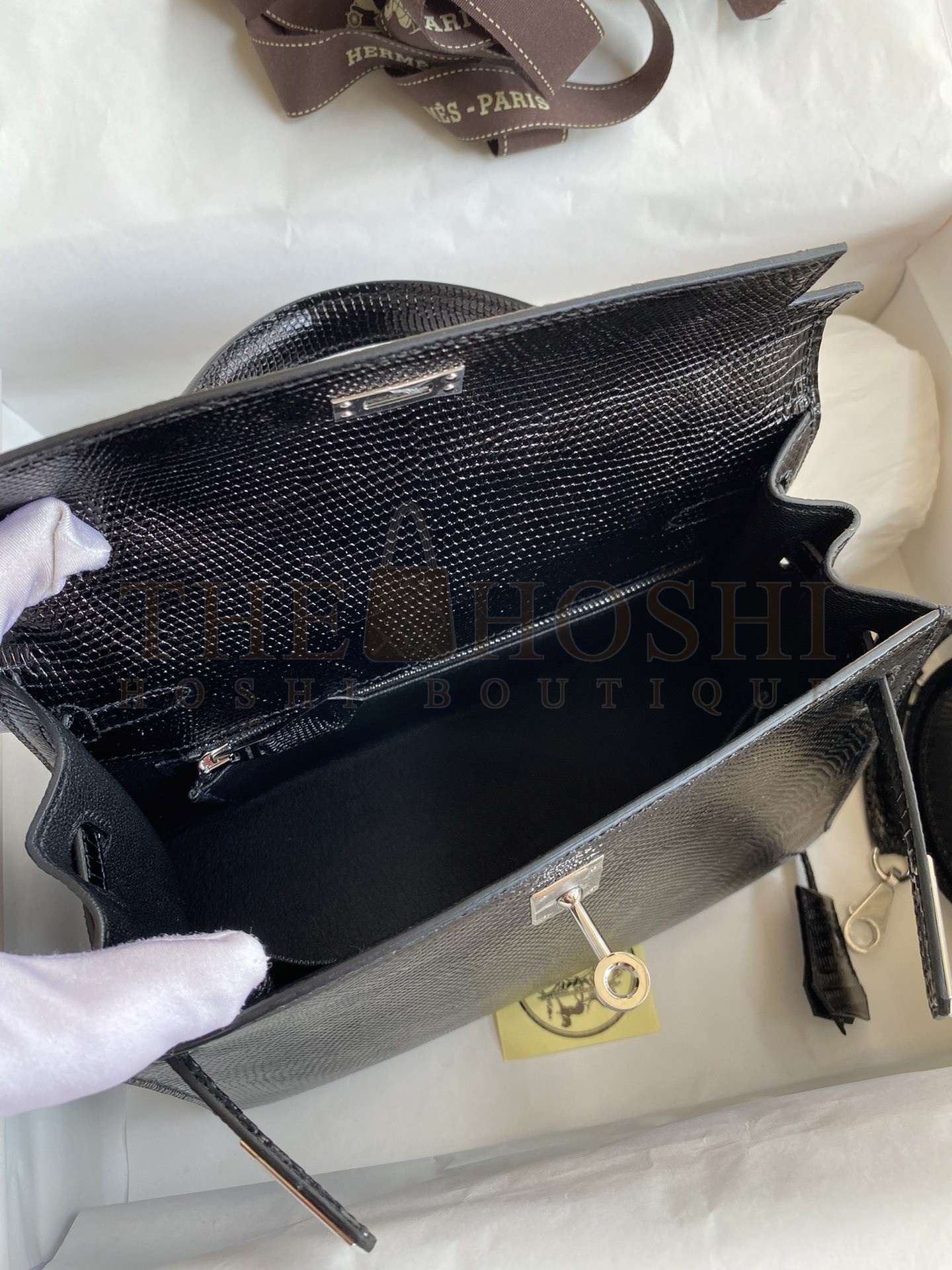 H**me5 Kelly Sellier 25 Handmade Bag In Black Lizard Leather Master Quality