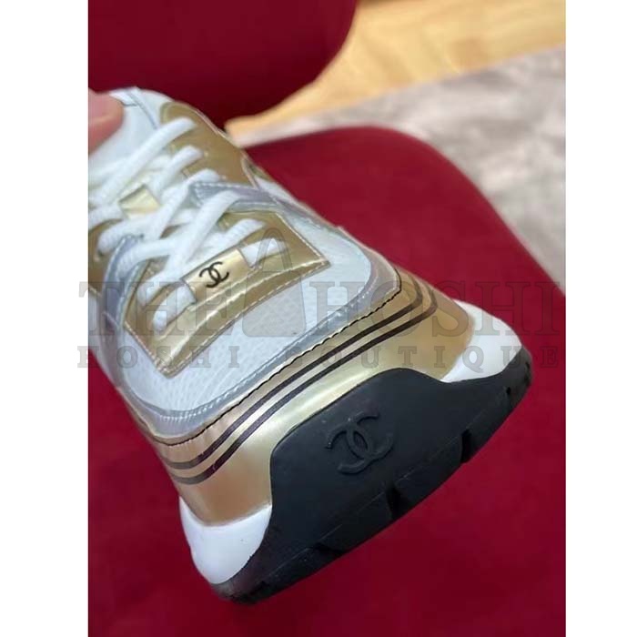Ch**el trainer shoes Women CC Sneakers Fabric Laminated White Gold Silver Master Quality