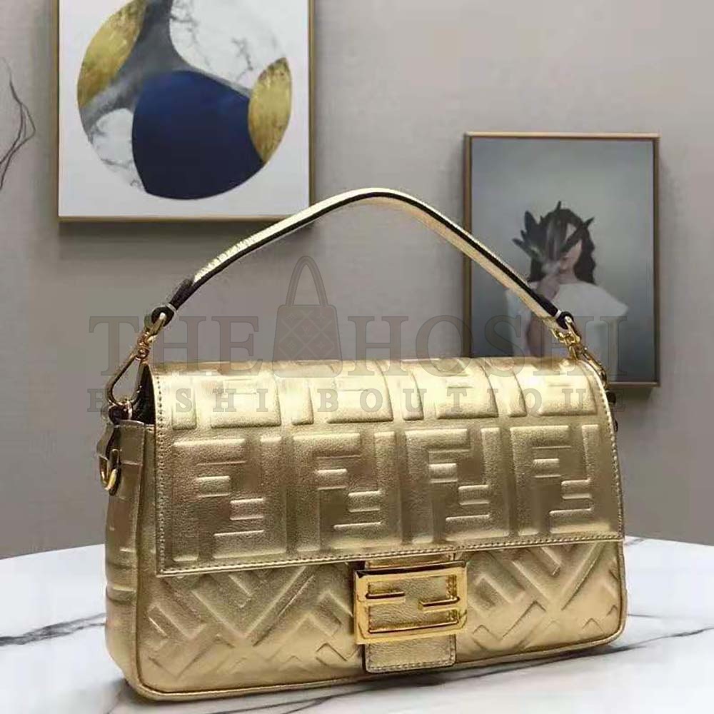 F**di Women Baguette F**di Prints On Leather Bag-Gold Master Quality