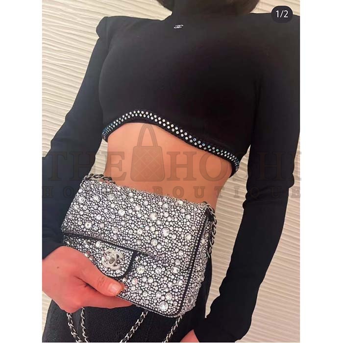 Ch**el CC Women Mini Flap Bag Satin Strass Silver-Tone Metal Silver Master Quality