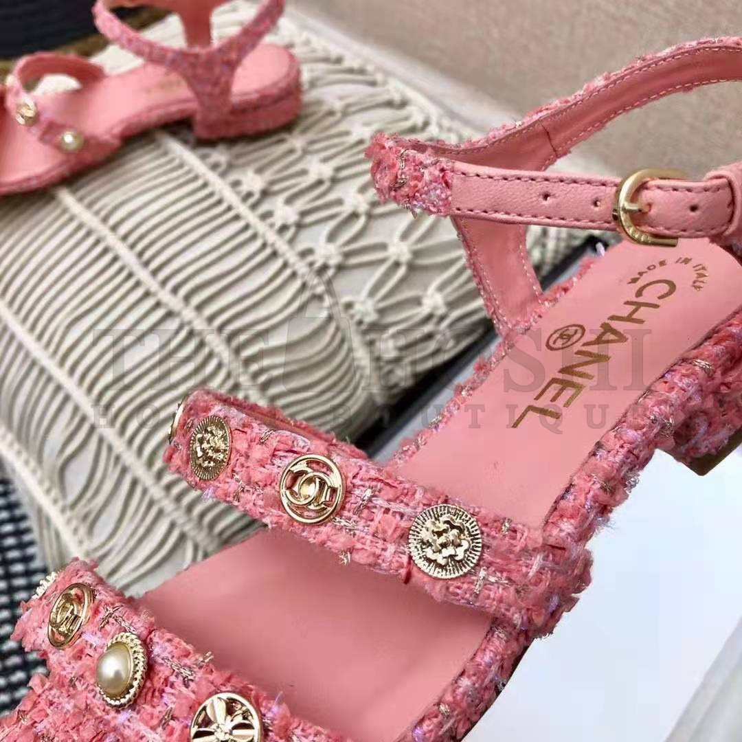 Ch**el Women Sandals Cotton Tweed &amp; Jewelry Coral &amp; Pink 2.5 cm Heel Master Quality