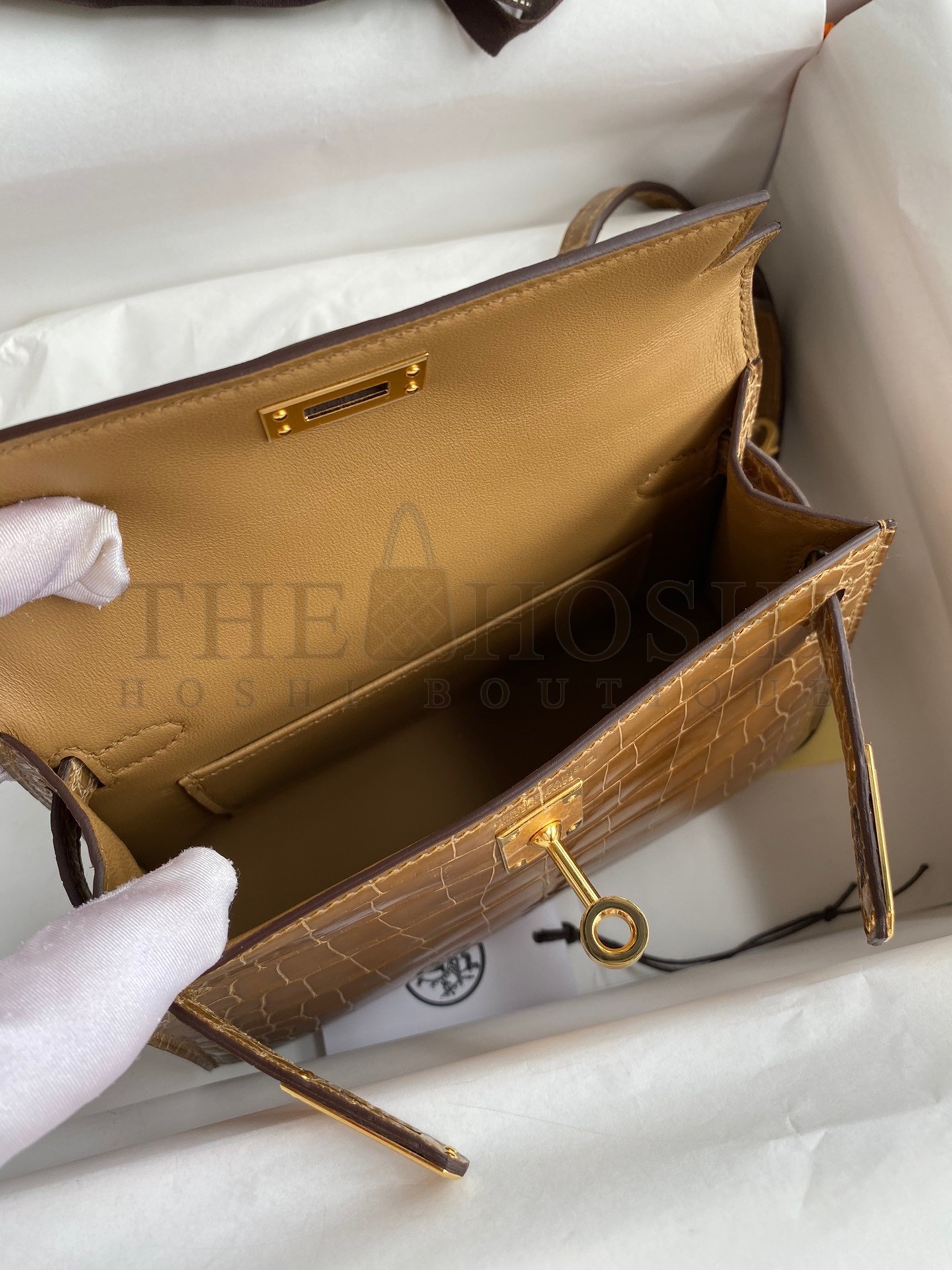 H**me5 Kelly Mini II Sellier Handmade Bag In Ficelle Shiny Alligator Leather Master Quality