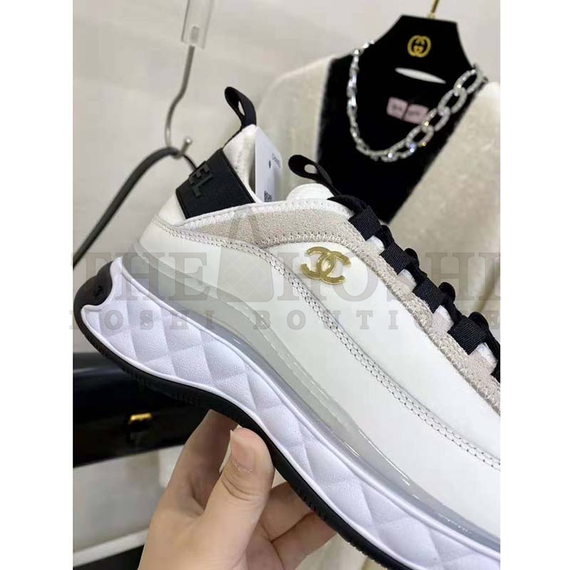 Ch**el Women Sneakers Suede Calfskin Nylon &amp; Grosgrain White Gray &amp; Yellow Master Quality