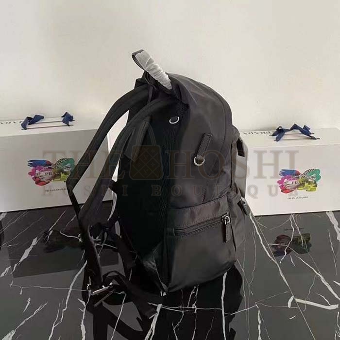 Pra*a Unisex Re-Nylon Saffiano Leather Backpack Black Fabric Zipper Master Quality