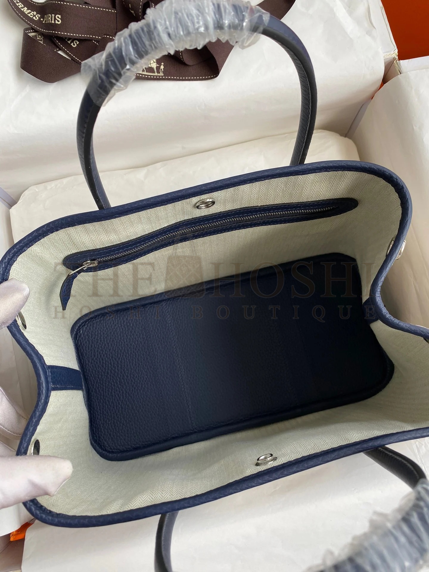 H**me5 Garden Party 30 Handmade Bag in Toile and Blue Leather Master Quality